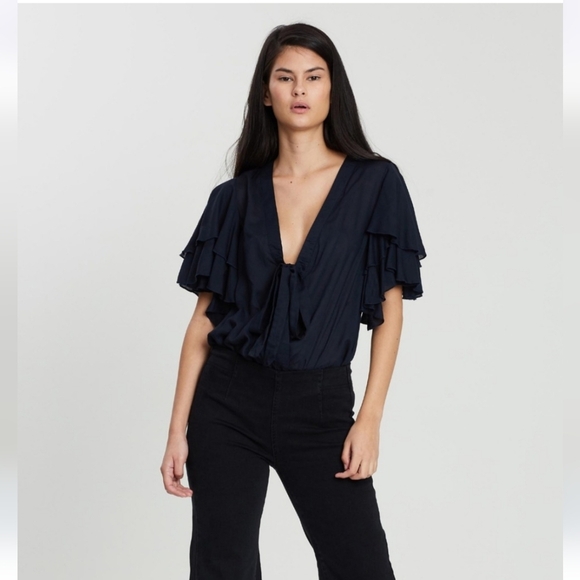 FREE PEOPLE Call Me Later Ruffle Tie Front Boho Rayon Blouse Top.Black. Size SM - Picture 11 of 16